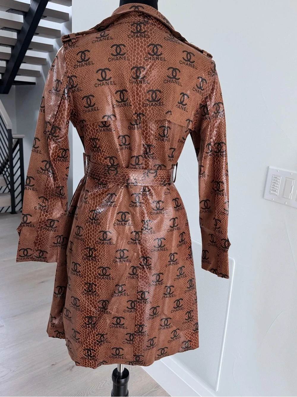 Gorgeous Faux Leather Brown Logo-Print Trench Coat size S